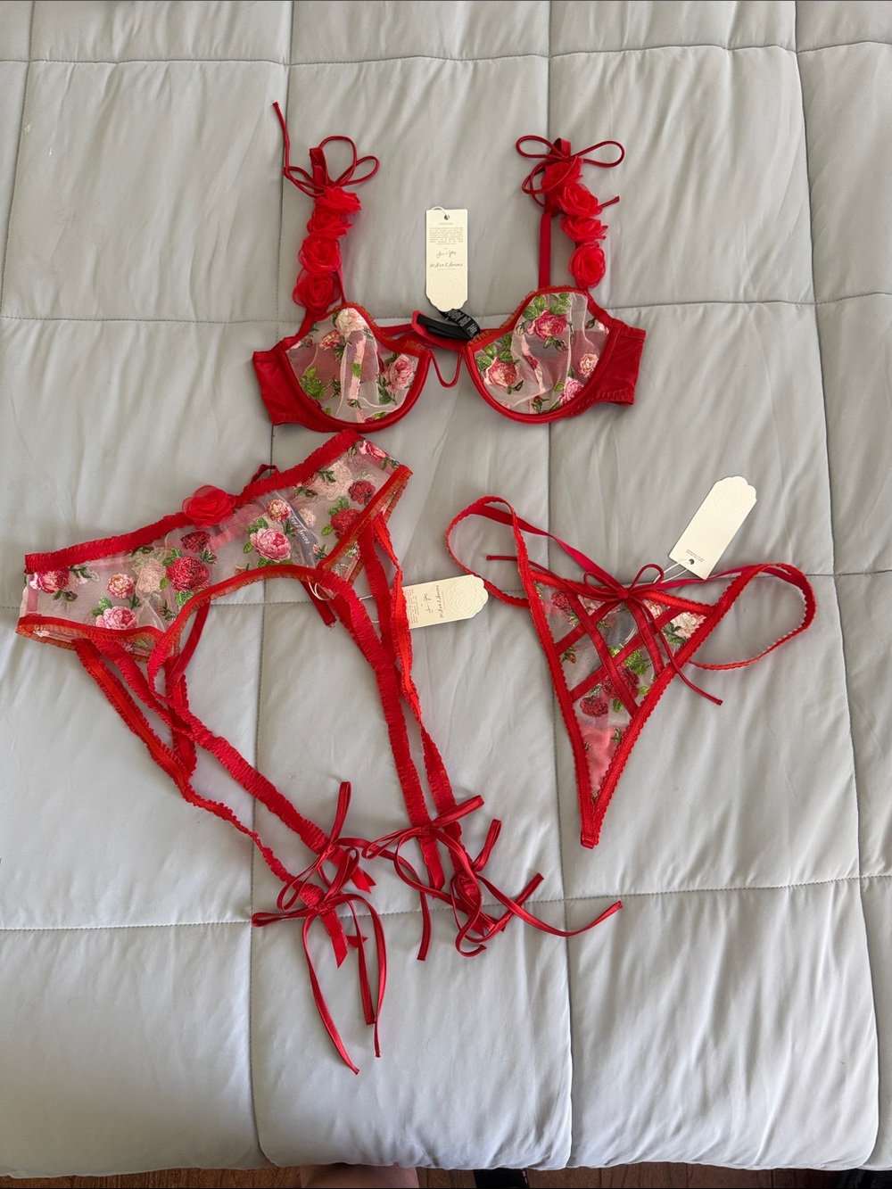 For Love & Lemons 3 Pc Full Set Size S/M Bra+Garter+Thong - Floral